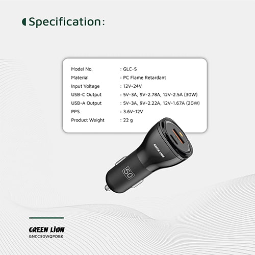 شارژر فندکی ۵۰ وات دو پورت گرین لاین