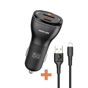 شارژر فندکی ۵۰ وات دو پورت گرین لاین به همراه کابل USB-C به Lightning