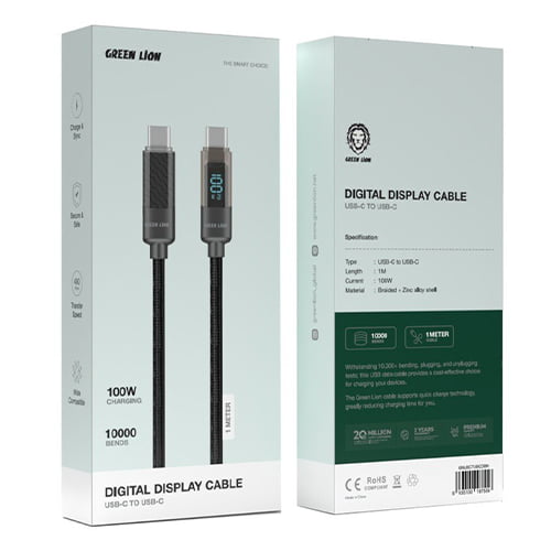 کابل شارژ نمایشگردار دو سر تایپ سی فوق سریع 100 وات گرین لاین مدل Digital Display Cable