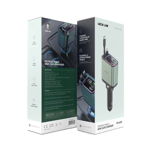 شارژر فندکی 90 وات گرین لاین مدل دو پورت سیم دار Retractable
