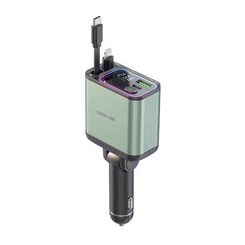 شارژر فندکی 90 وات گرین لاین مدل دو پورت سیم دار Retractable